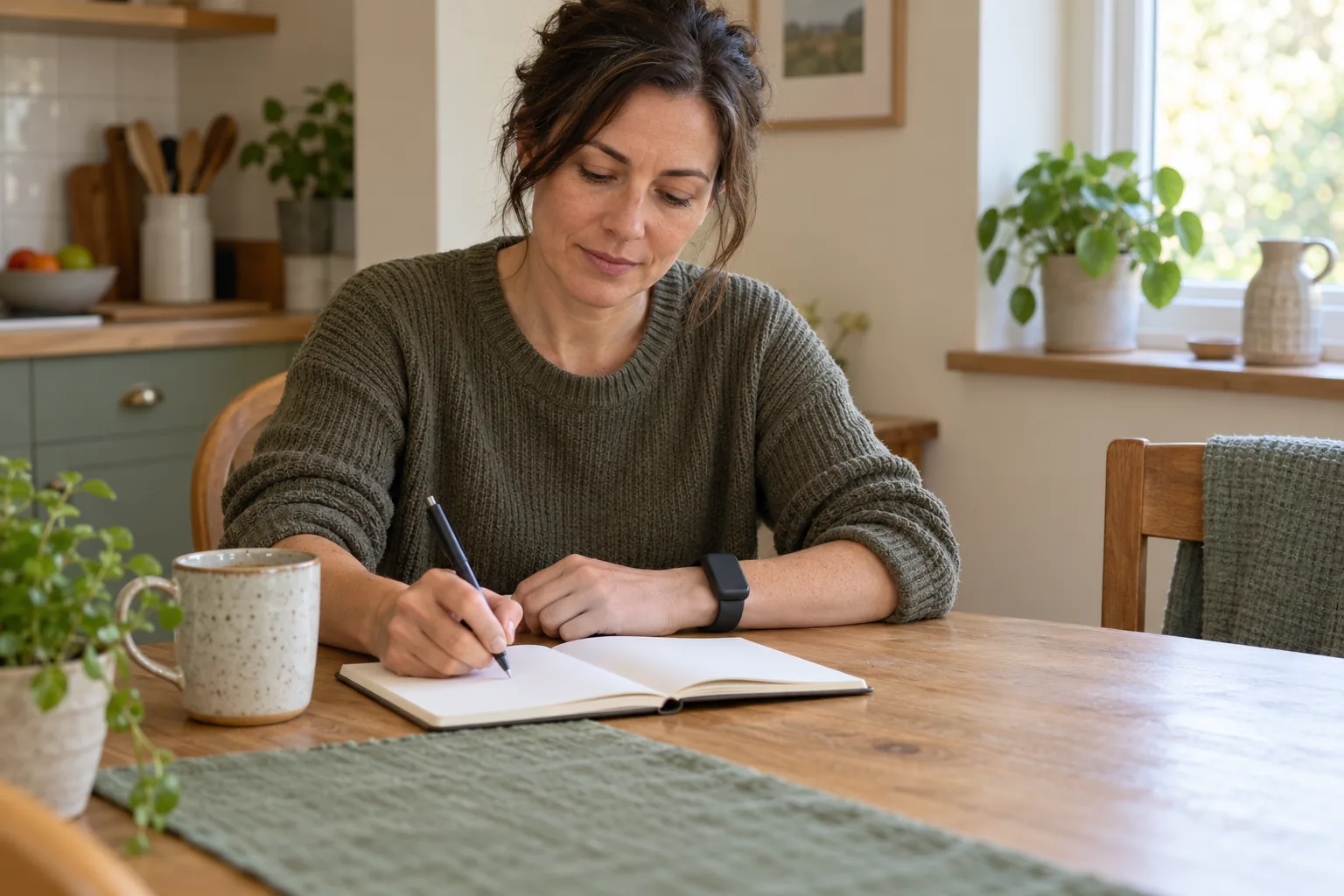 An adult seated at a kitchen table with a plain wrist monitor and an open blank notebook beside a mug