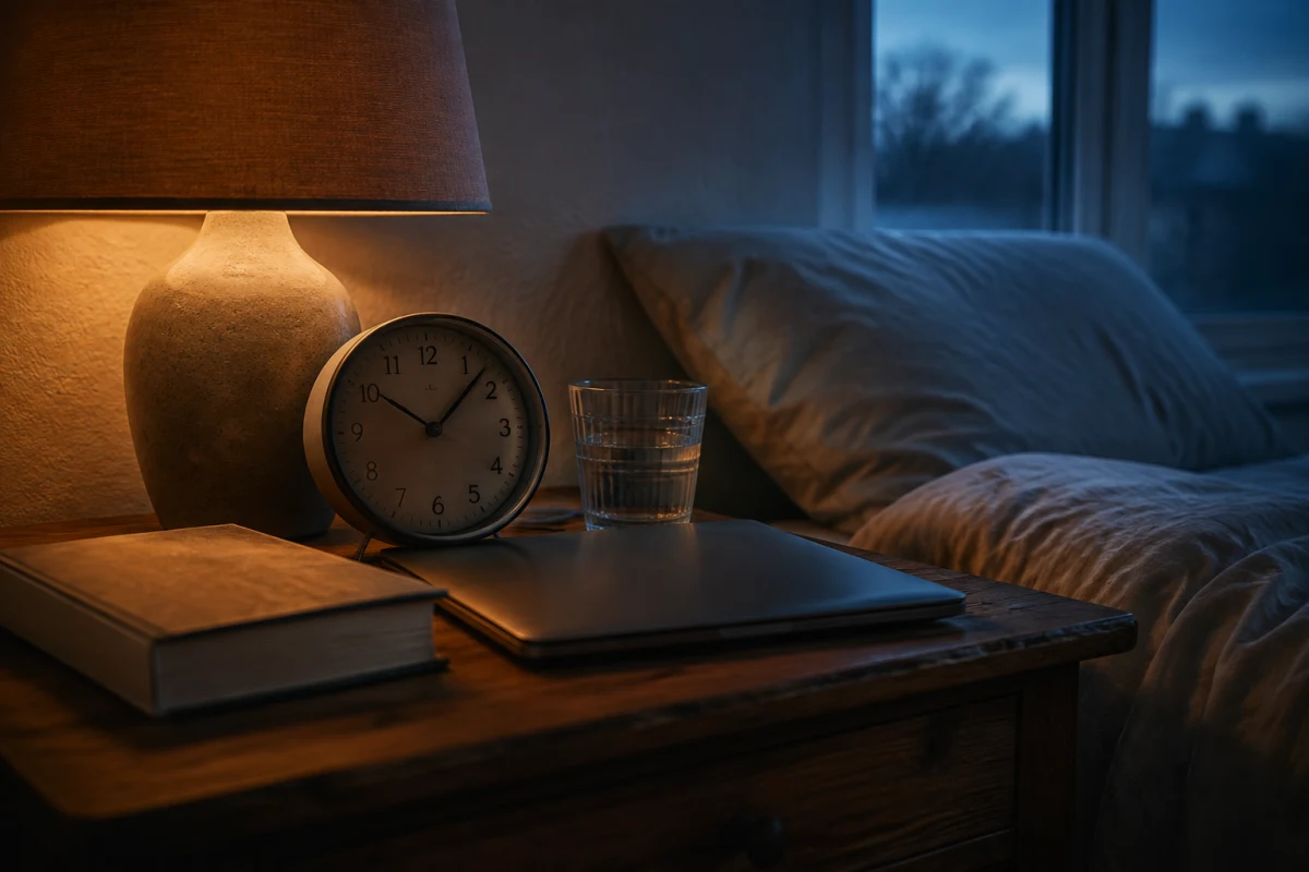 Una mesita de noche con un reloj analógico, un portátil cerrado, un libro, un vaso de agua y una lámpara cálida antes del amanecer.