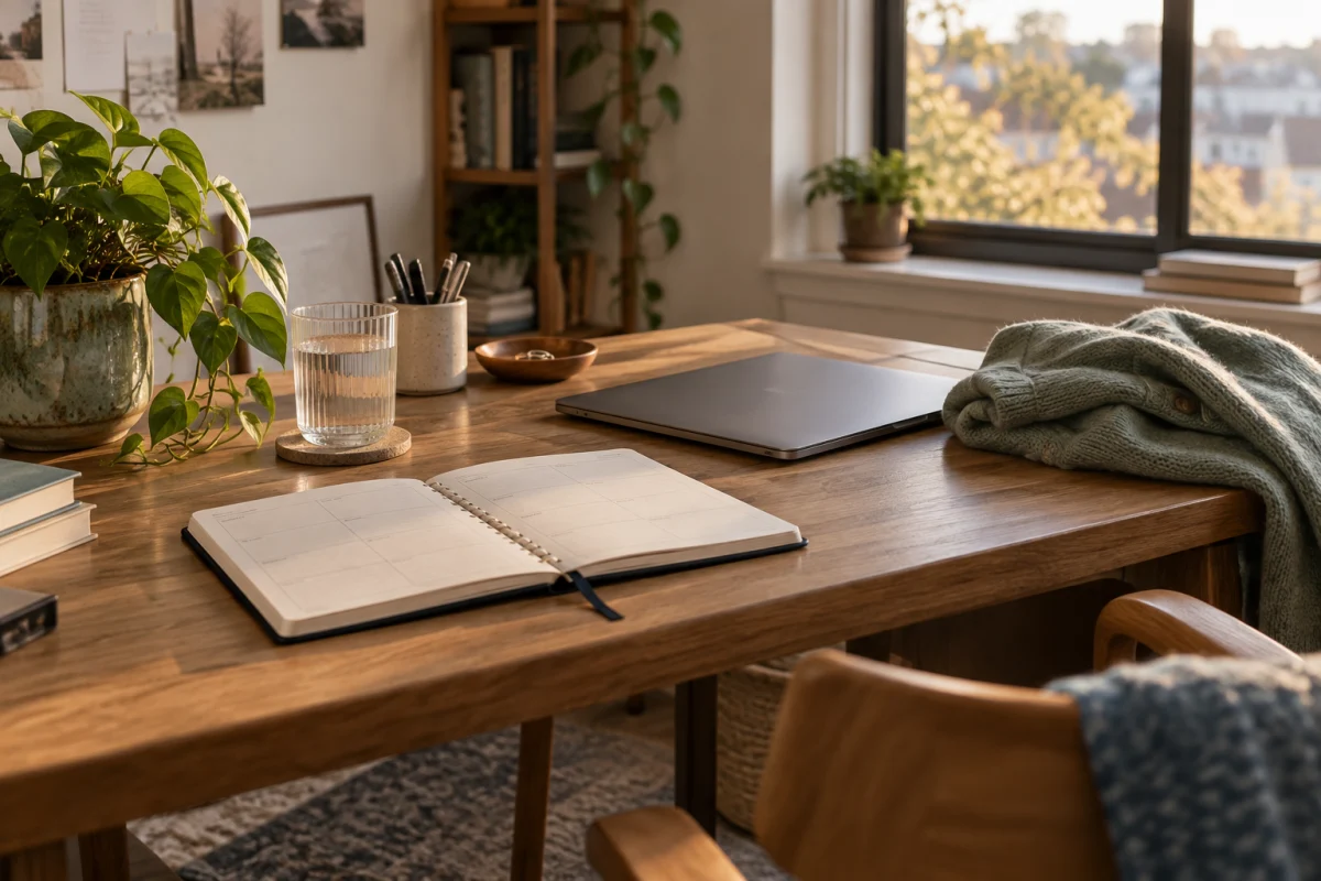 A weekly planner, closed laptop, folded cardigan, water glass, and plant on a warm wooden desk beside a window.