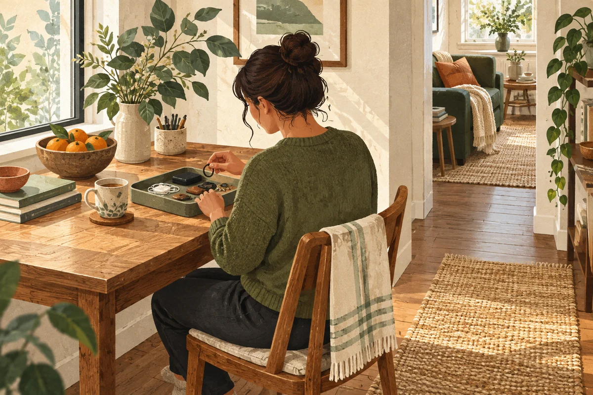 An adult sorts a small tray of everyday belongings at a wooden table in a warm home with a clear walking route.