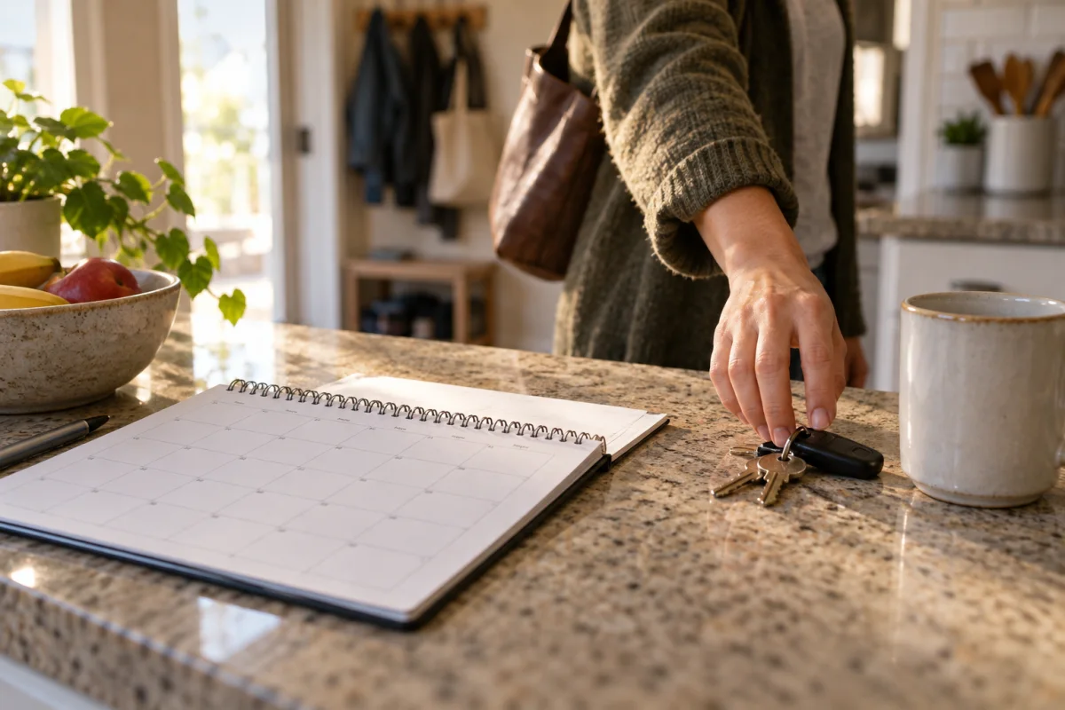 Adult hand reaching for keys beside a blank paper calendar and a mug on a kitchen counter in morning light.