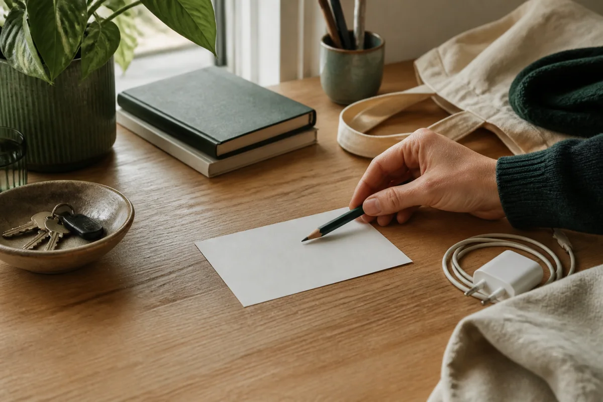 A hand choosing a pencil at a home desk where keys, a notebook, charger, and tote bag sit around one blank card.