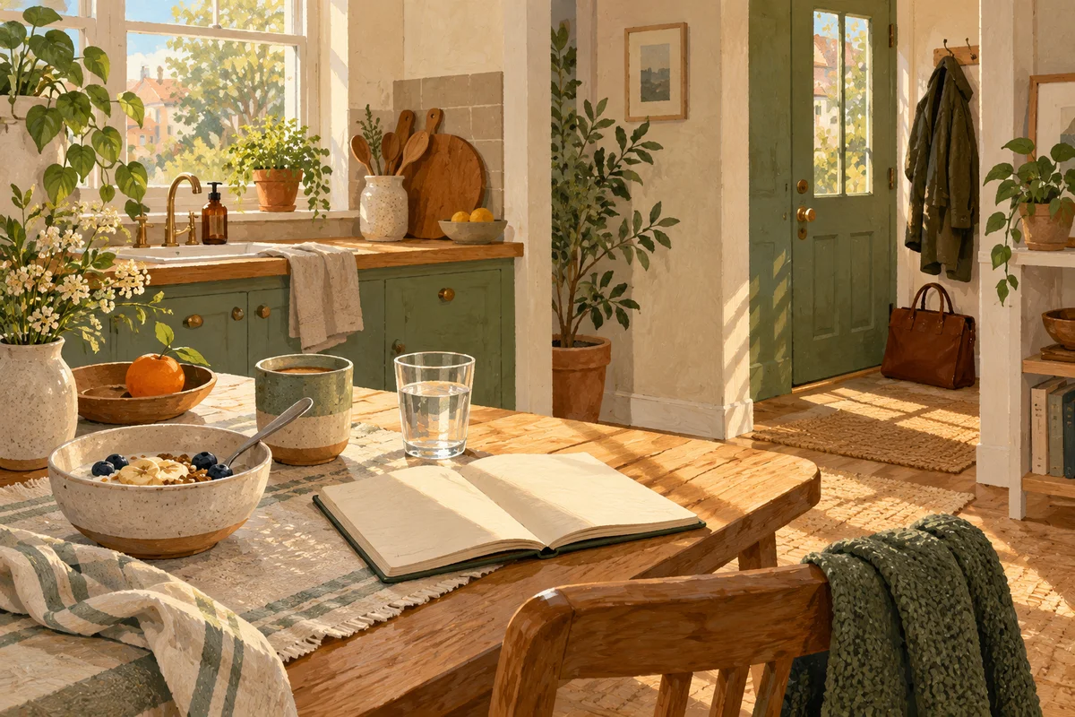 Desayuno, un vaso de agua, un cuaderno en blanco y una bolsa preparada en una cocina acogedora junto a la puerta de entrada.