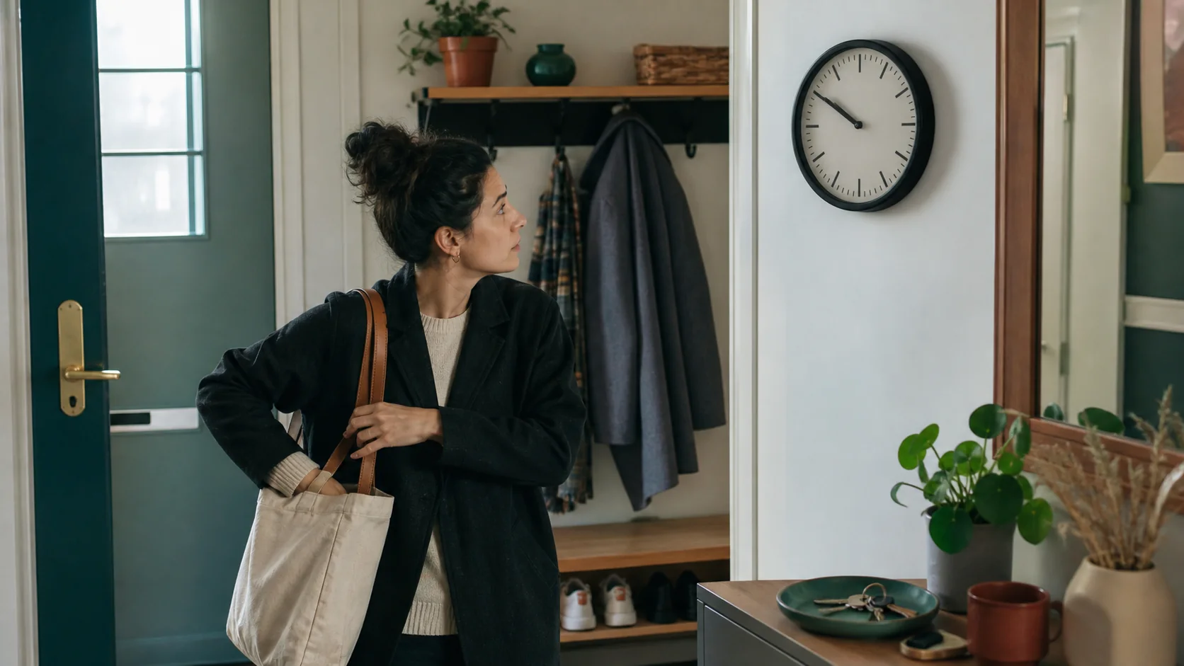 An adult with a shoulder bag standing in an entryway and looking at a large analogue wall clock.