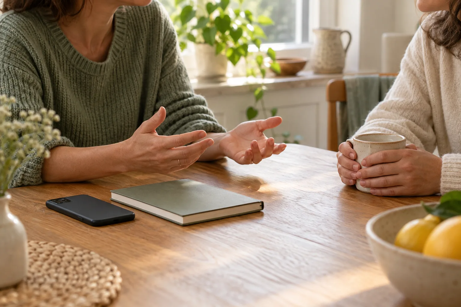 Un teléfono boca abajo y un cuaderno cerrado sobre una mesa de roble mientras dos personas adultas se vuelven para conversar