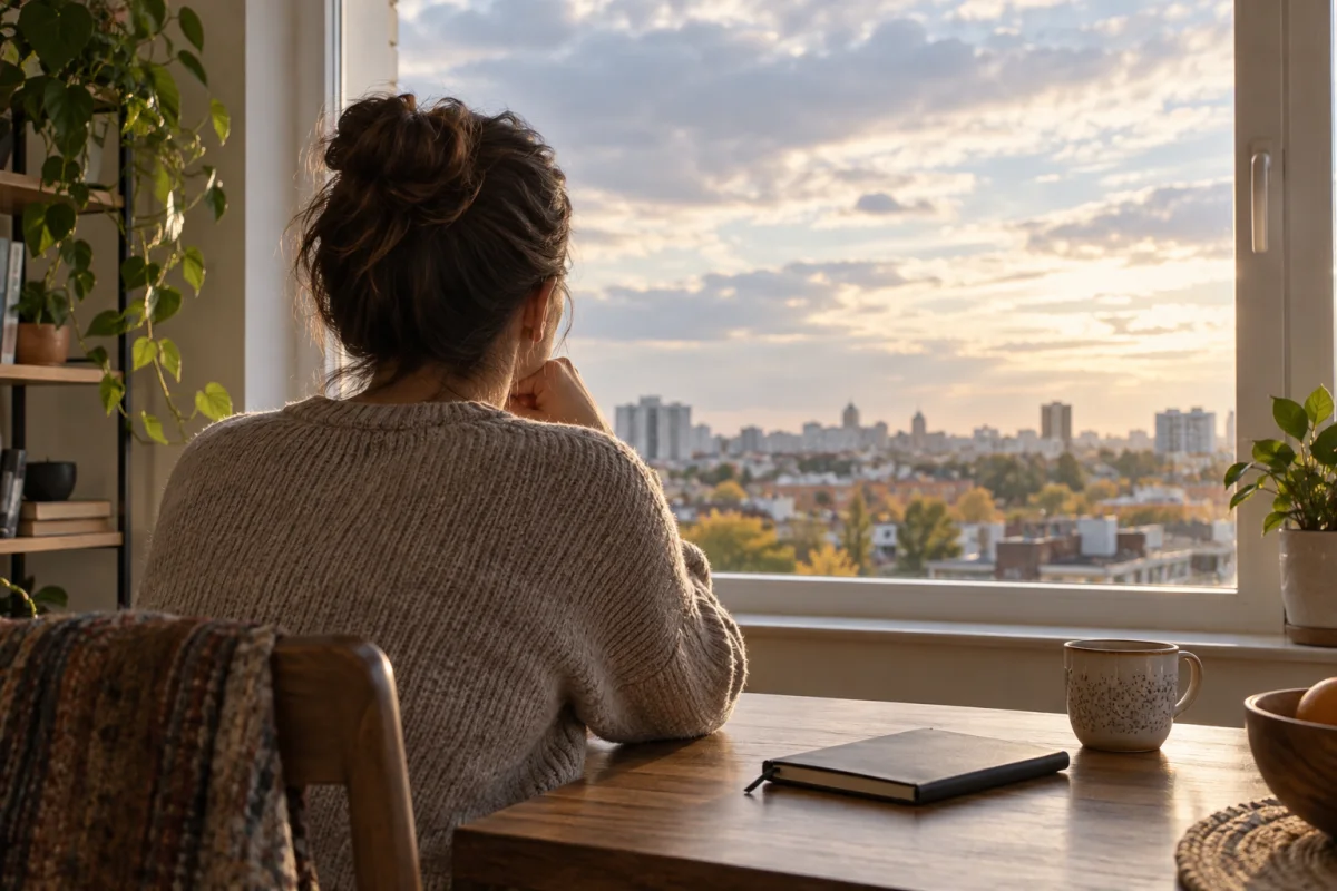 Adult seen from behind by an apartment window looking toward a cloudy sky, with a closed notebook on the table.