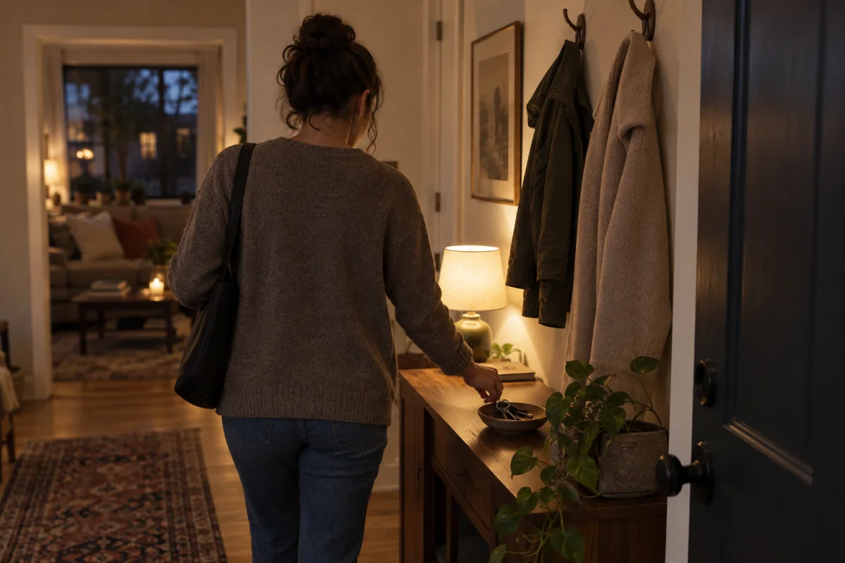 An adult seen from behind places keys on an entryway table beside coats and a warm lamp after an evening out.