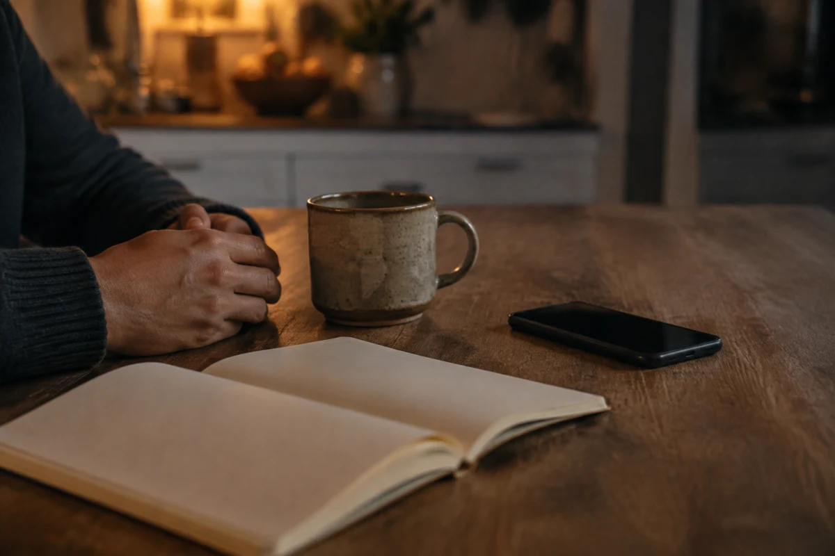 Hands resting near a mug, a face-down phone, and an open blank planner on a kitchen table in early evening light.