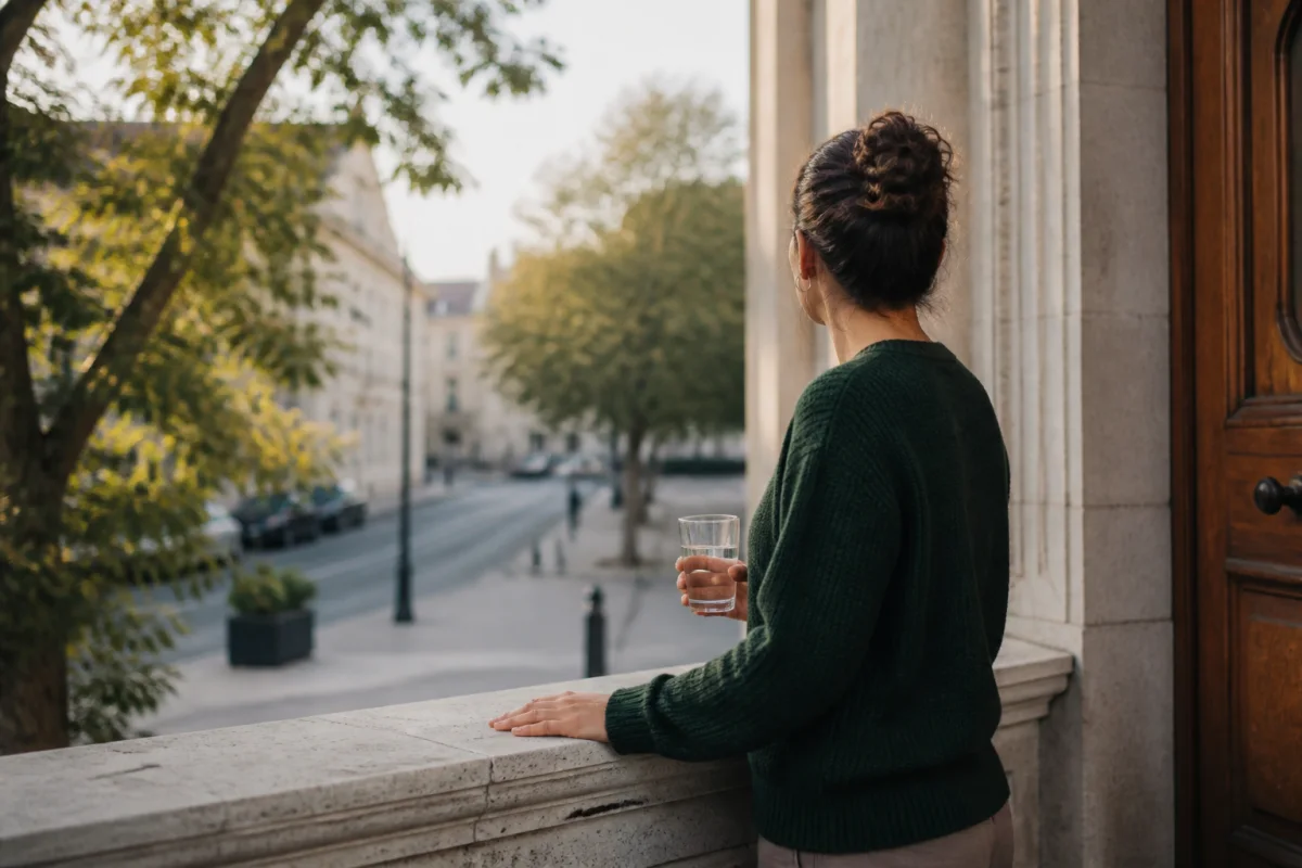 An adult beside a quiet building entrance with one hand on a stone railing and a cup of water nearby.
