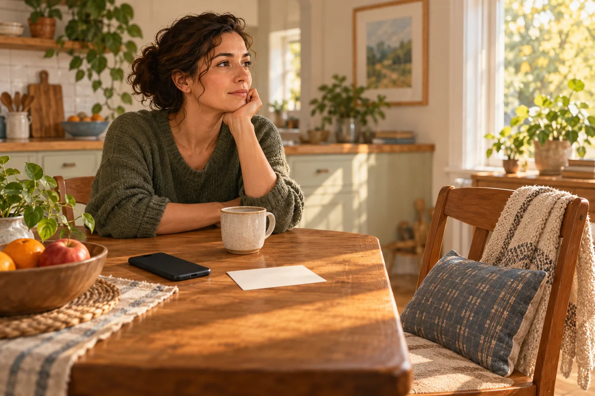 Adult at a kitchen table with a face-down phone, blank card and an empty chair nearby.