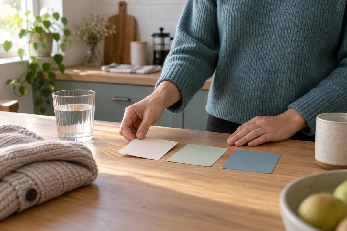 Unas manos ordenan tarjetas de colores sin texto junto a un vaso de agua, una chaqueta doblada y una taza sobre una mesa luminosa.