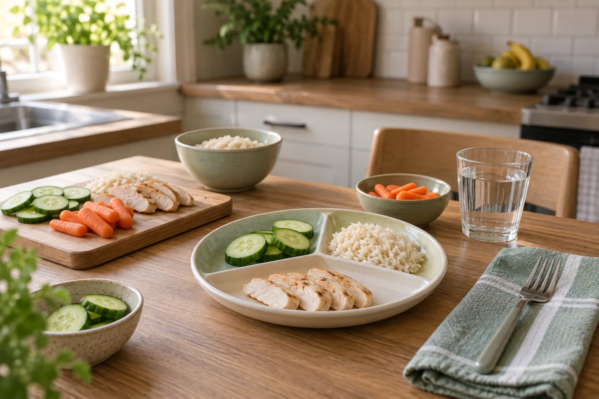 A quiet kitchen table with plain foods separated on a ceramic plate, familiar cutlery, folded cloth, water, and prepared vegetables.