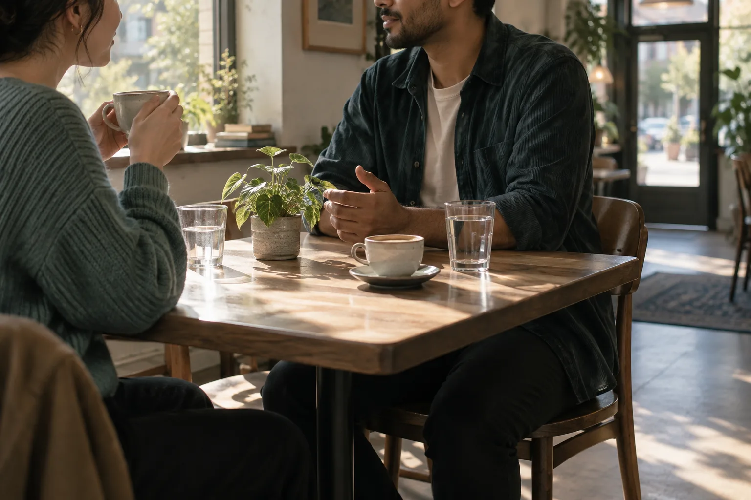 Two adults talking at a café table with cups, water glasses, and a plant in warm window light.