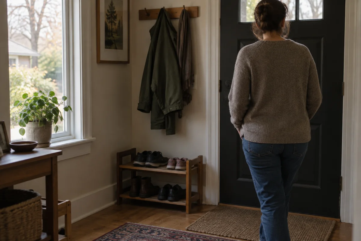 Adult seen from behind pausing near an entryway with shoes and a jacket ready beside a softly lit window.