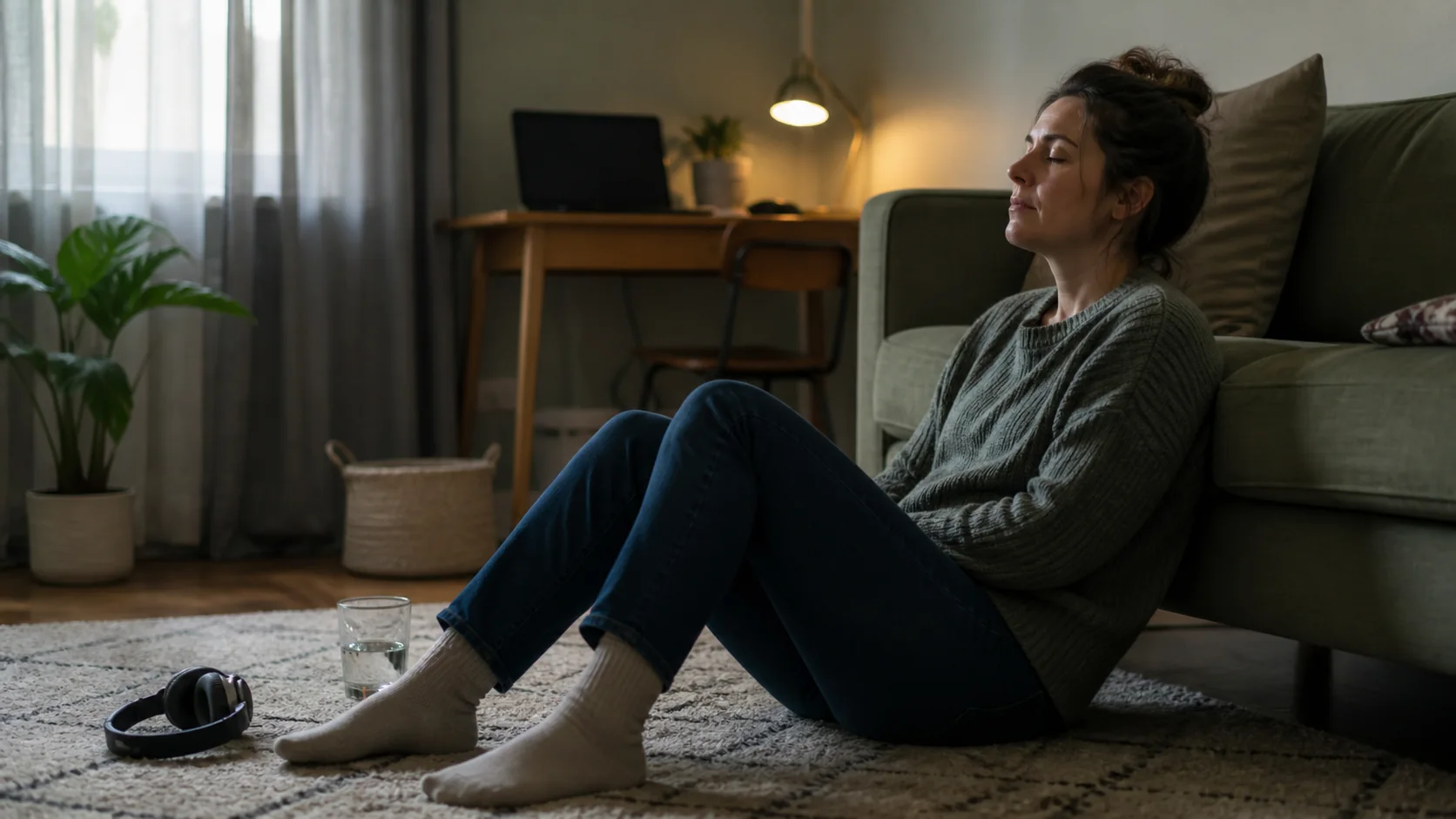An adult sitting on a rug beside a sofa, with headphones and a glass of water on the floor nearby.