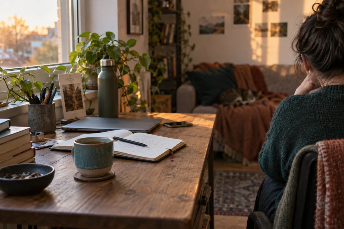 Una persona vista de espaldas hace una pausa ante un escritorio con un cuaderno abierto y una taza de té bajo la luz de la tarde.
