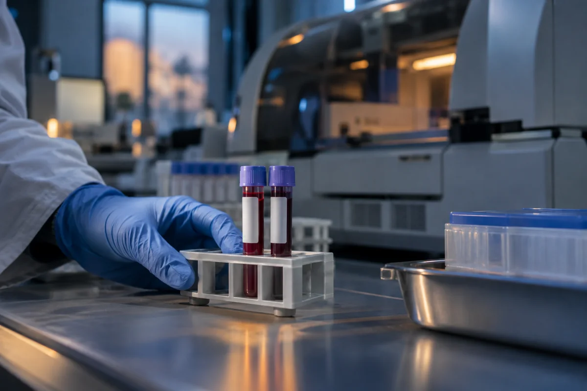 Capped sample tubes in a laboratory rack beside a gloved hand and a blurred analyzer.