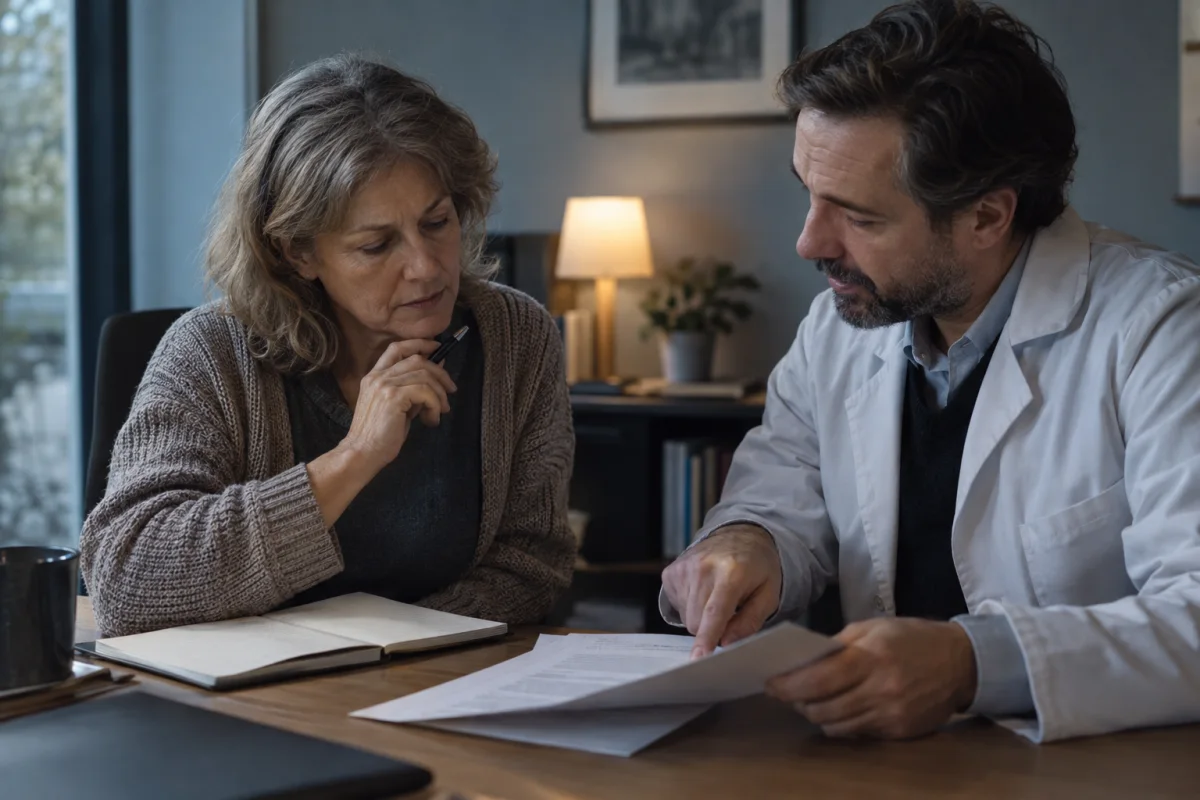 Two adults reviewing a printed page beside an open notebook at a consultation desk.