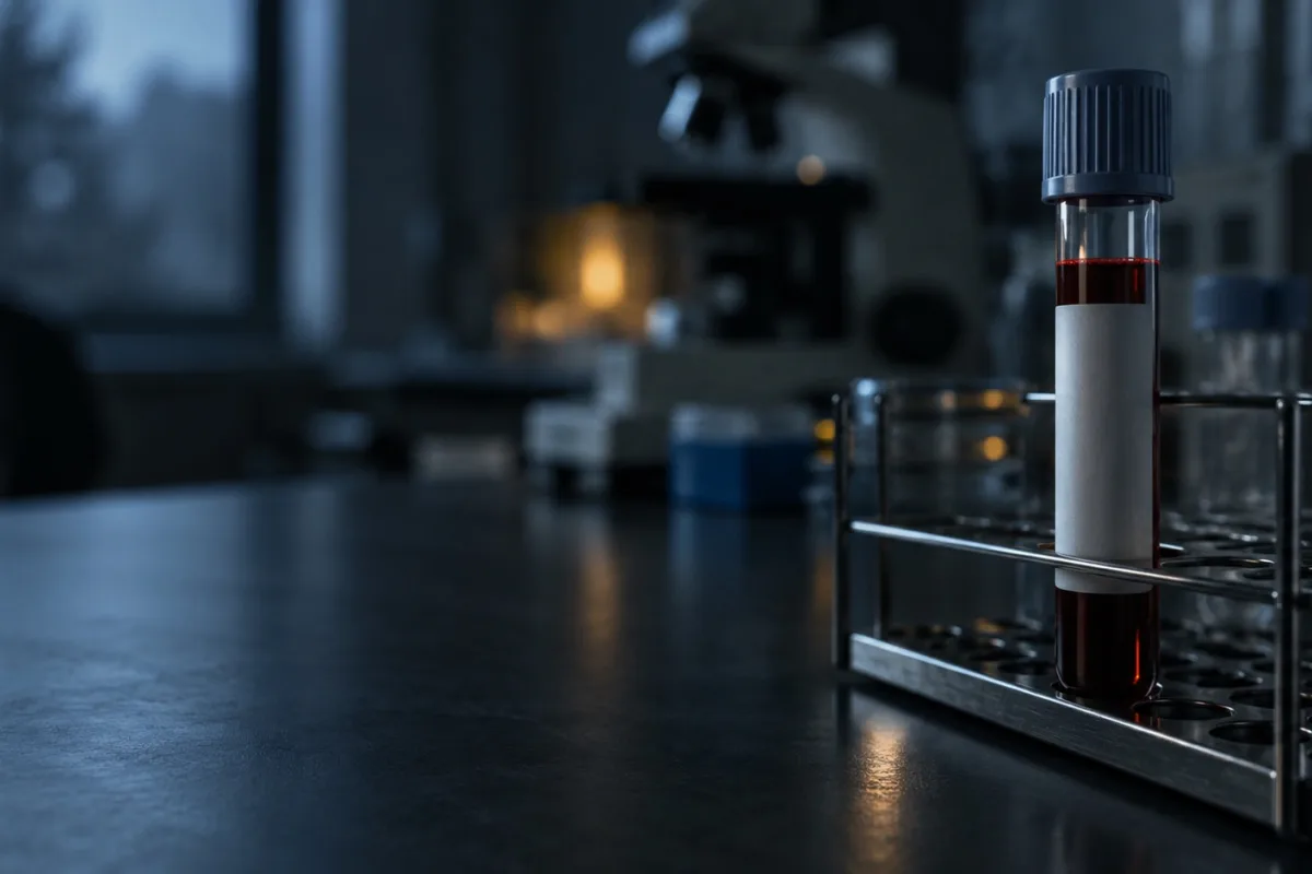 A capped tube of red liquid with a blank label standing in a rack on a laboratory bench.