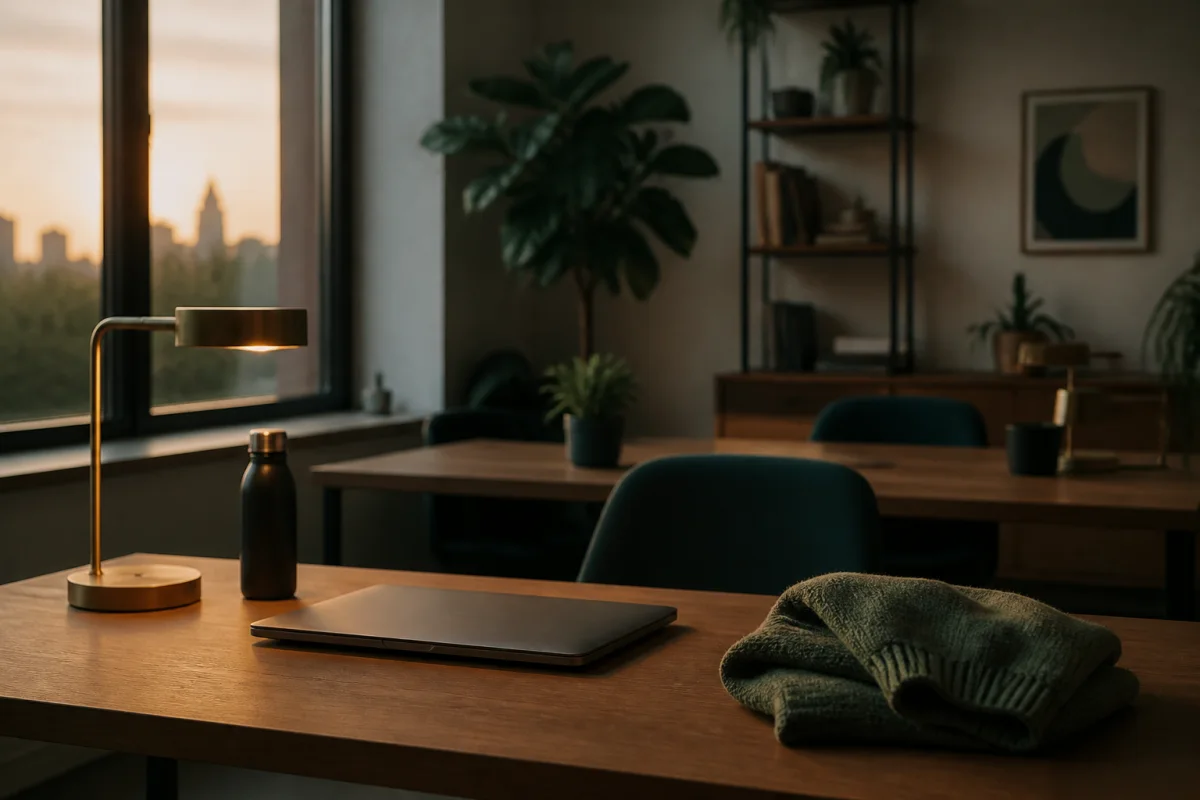 An empty office at day’s end with a closed laptop, folded cardigan, water bottle, and a low golden desk lamp.