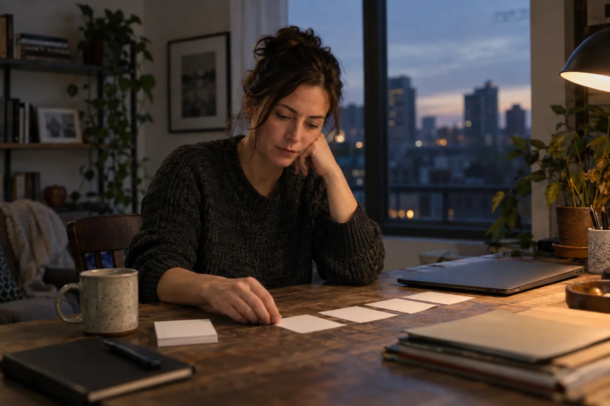 An adult arranging paper cards beside a laptop, notebooks and a mug at a desk by a window.