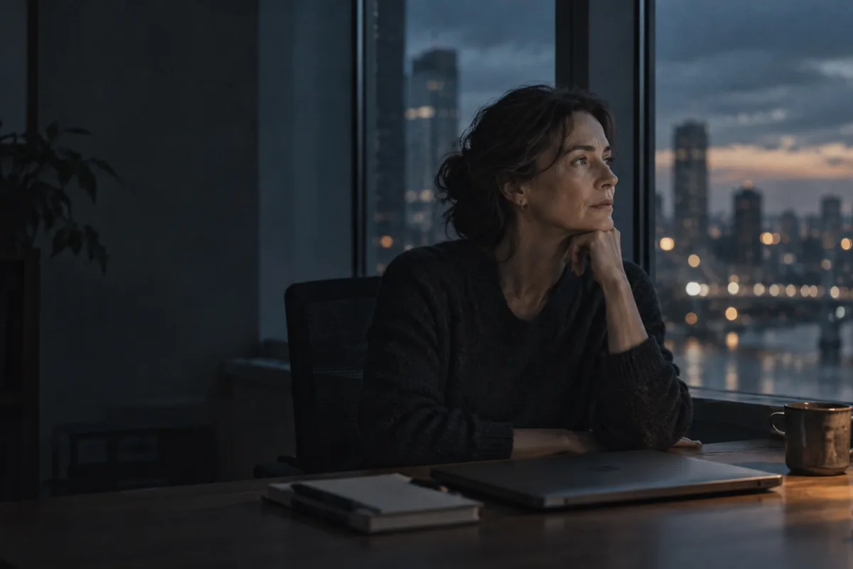 An adult seated at a desk beside a window with a closed laptop, notebooks and a cup.