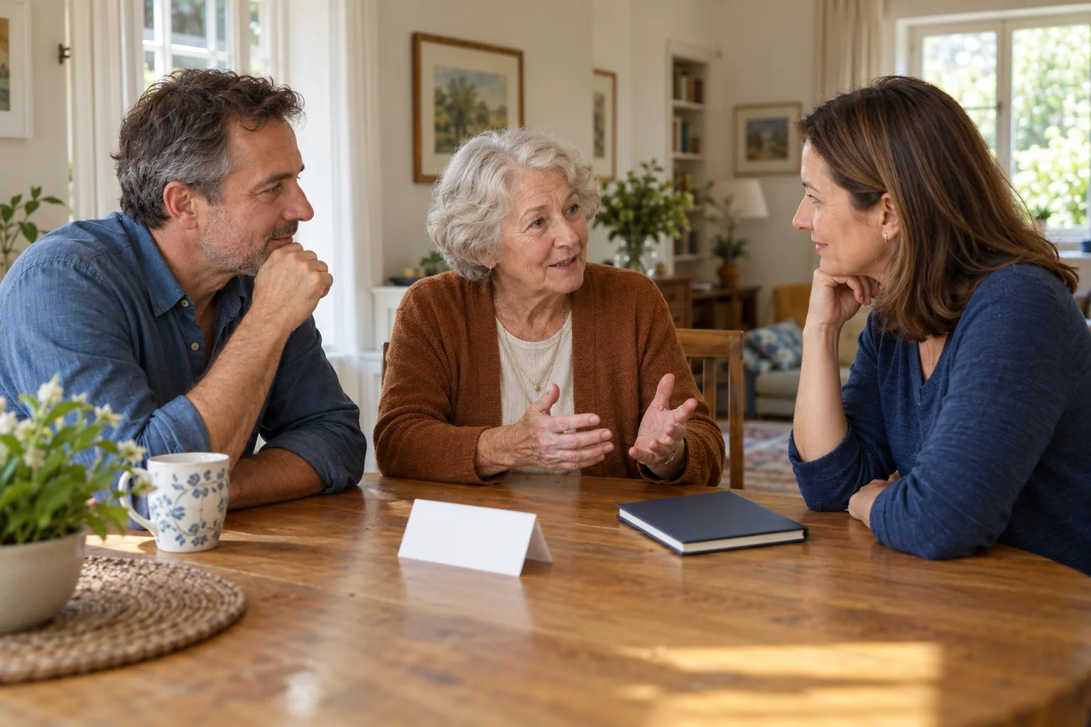 Una persona cuidadora de mediana edad y una mujer mayor conversan sobre un plan con otra persona adulta a la mesa del comedor