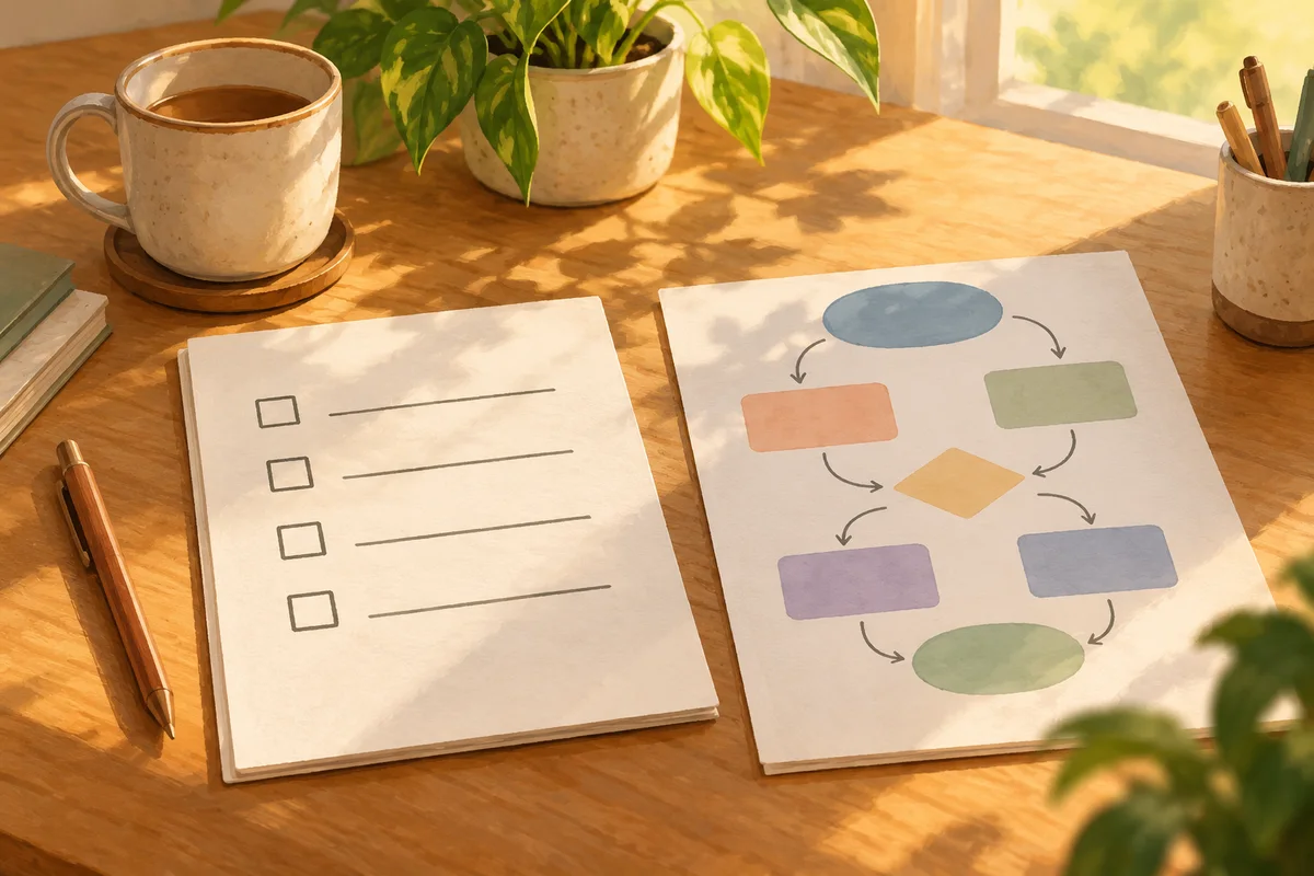 Blank checklist and a page of connected shapes laid side by side on a sunlit table.