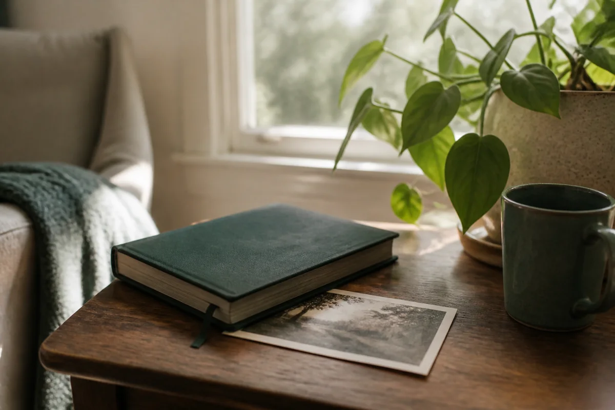 An unlabeled old family photograph partly beneath a closed journal beside a houseplant and a sunlit window.