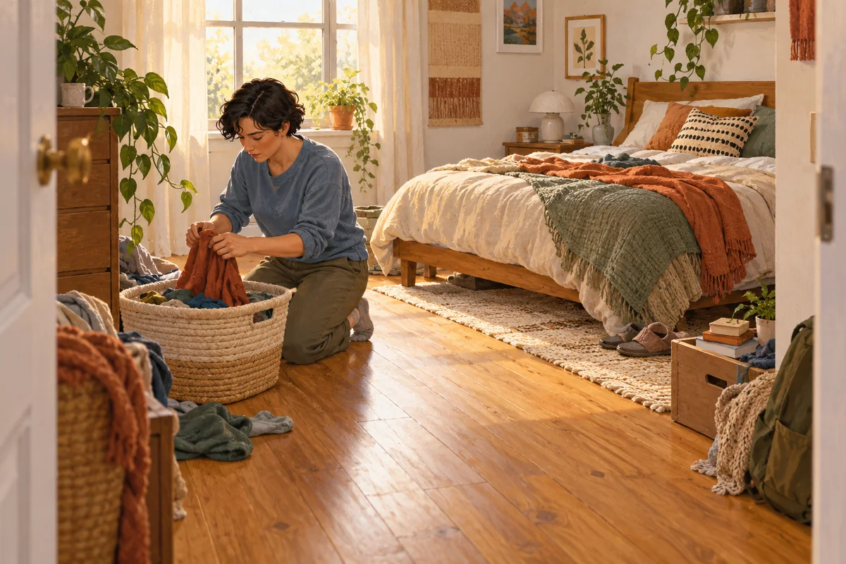 An adult kneels beside a laundry basket in a bedroom, clearing a walking route while keeping the bed usable.
