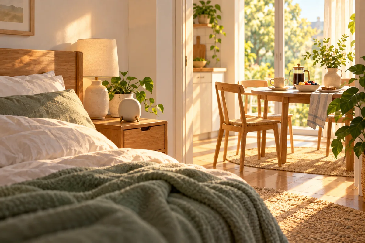 Morning light across a bedroom opening onto a breakfast nook, with a clock turned away.