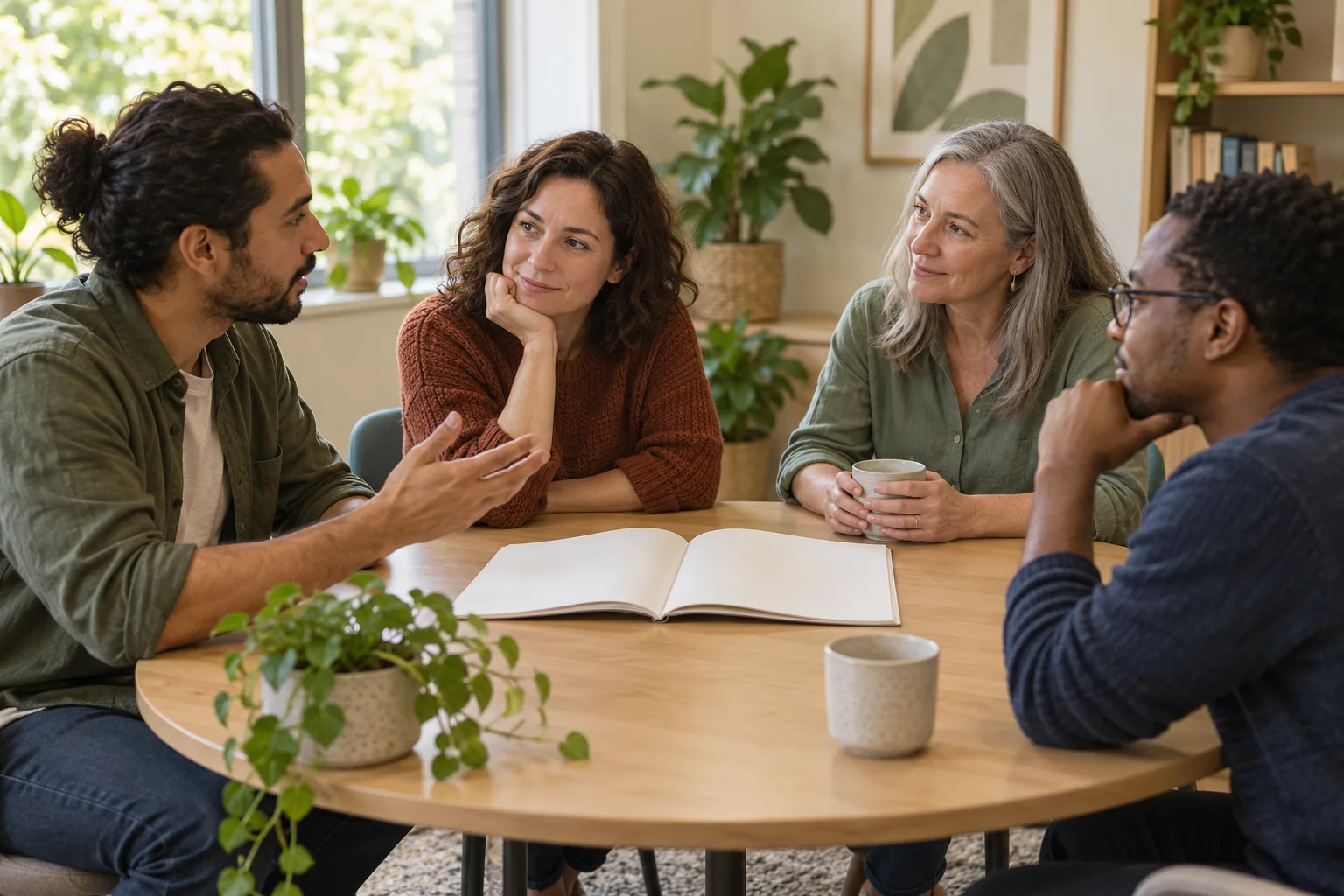 Three adult learners and a facilitator discussing an open workbook around a table in a quiet education room