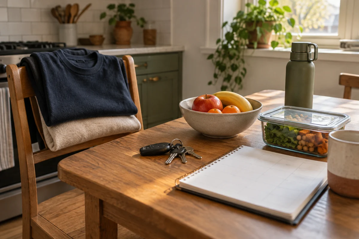 Ropa doblada, fruta, llaves, una agenda semanal en blanco, agua y comida preparada sobre una mesa de cocina cálida.