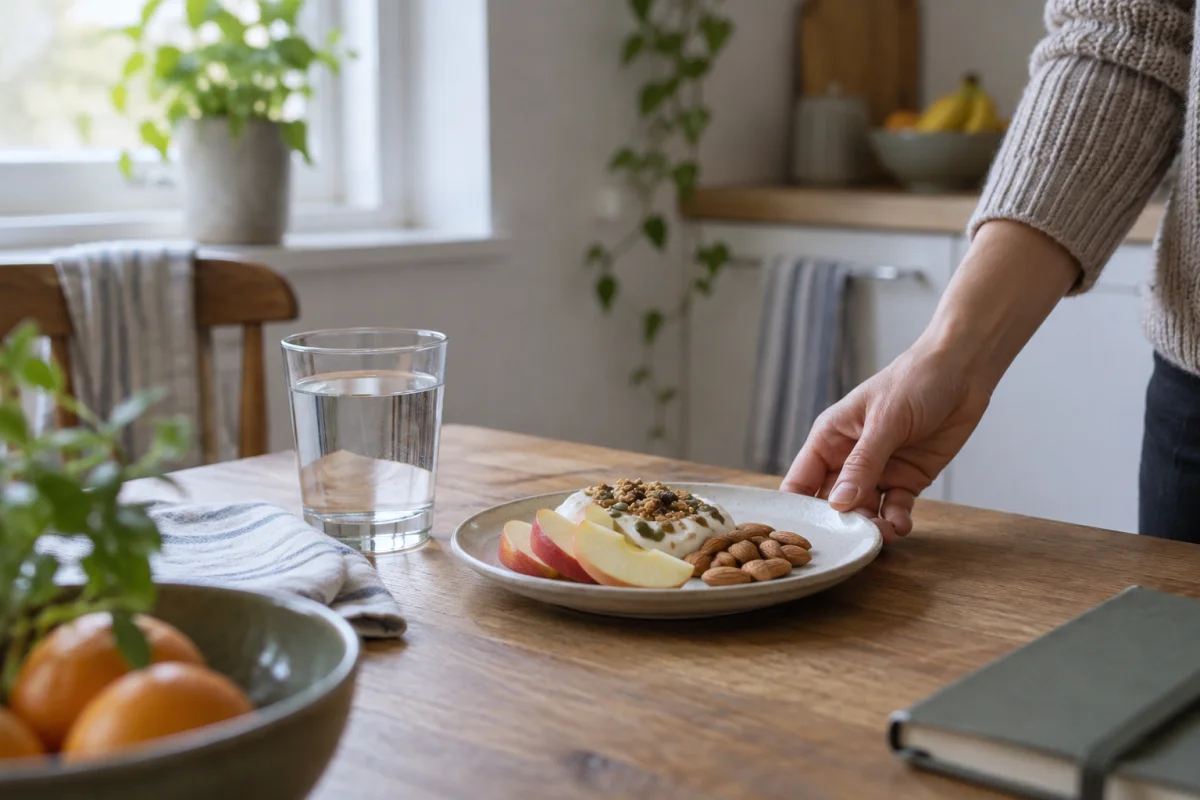 An adult hand adjusts a small plate of food beside a glass of water on a kitchen table in gentle daylight.
