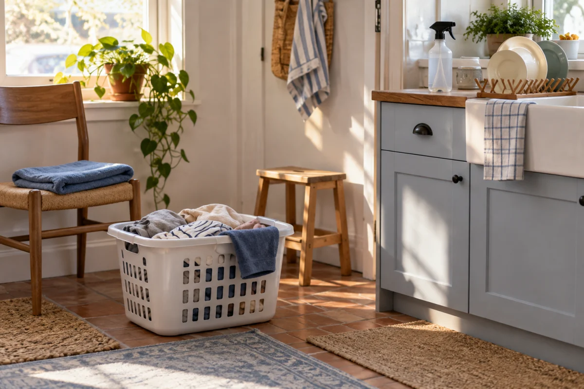 A half-filled laundry basket, one folded towel, two drying dishes, and an unlabeled spray bottle in a sunlit kitchen corner.