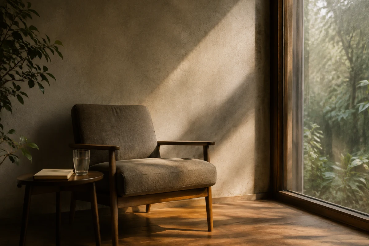 A chair beside a reflective window, a small table with water and a notebook, and soft morning light across the floor.
