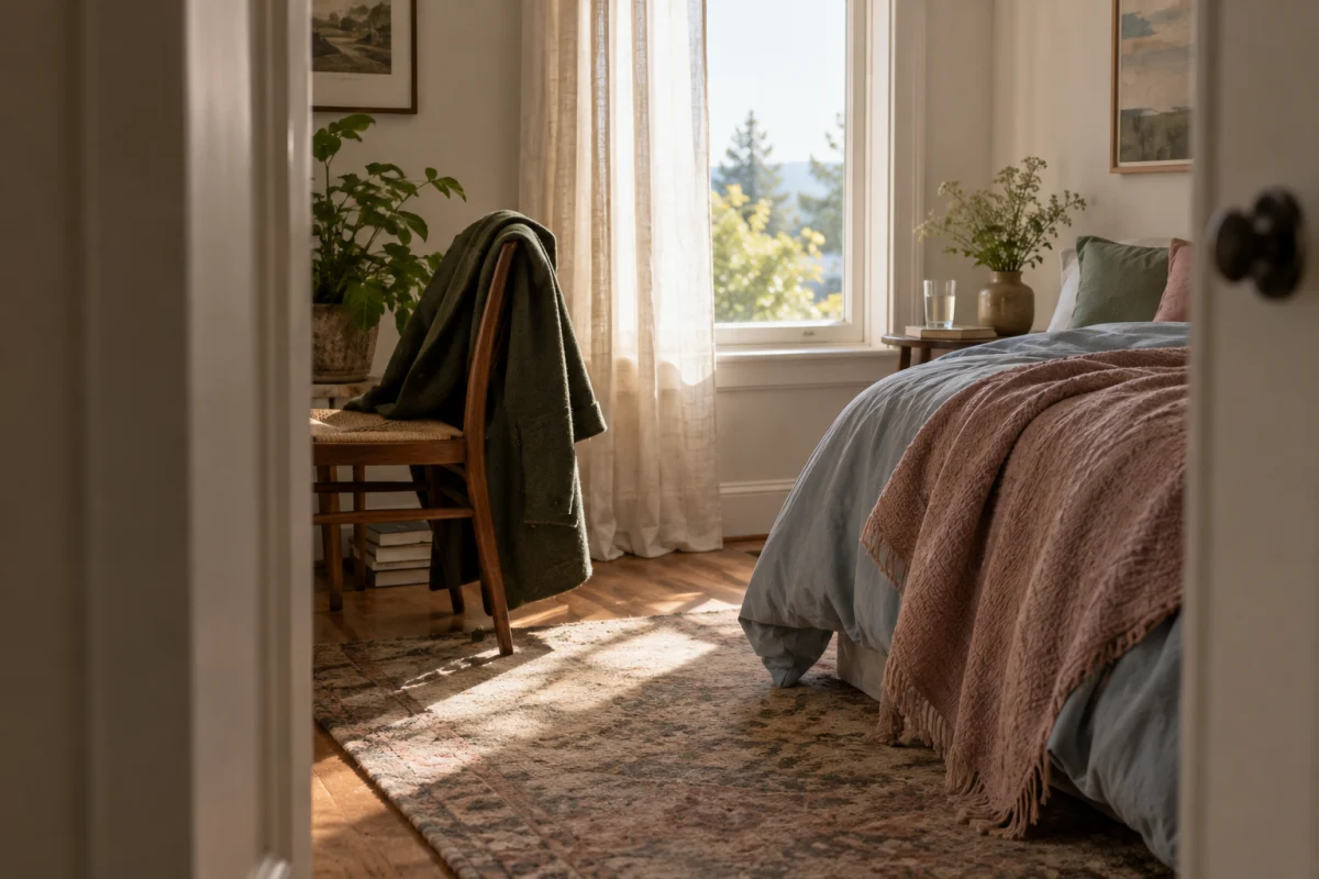 A wool coat on a chair, a soft blanket, water glass, and open curtain in a quiet bedroom lit by morning sun.