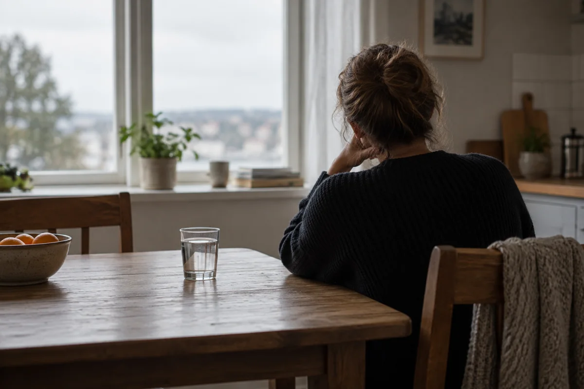 Adult seen from behind sitting quietly at a kitchen table with a glass of water in soft overcast daylight.