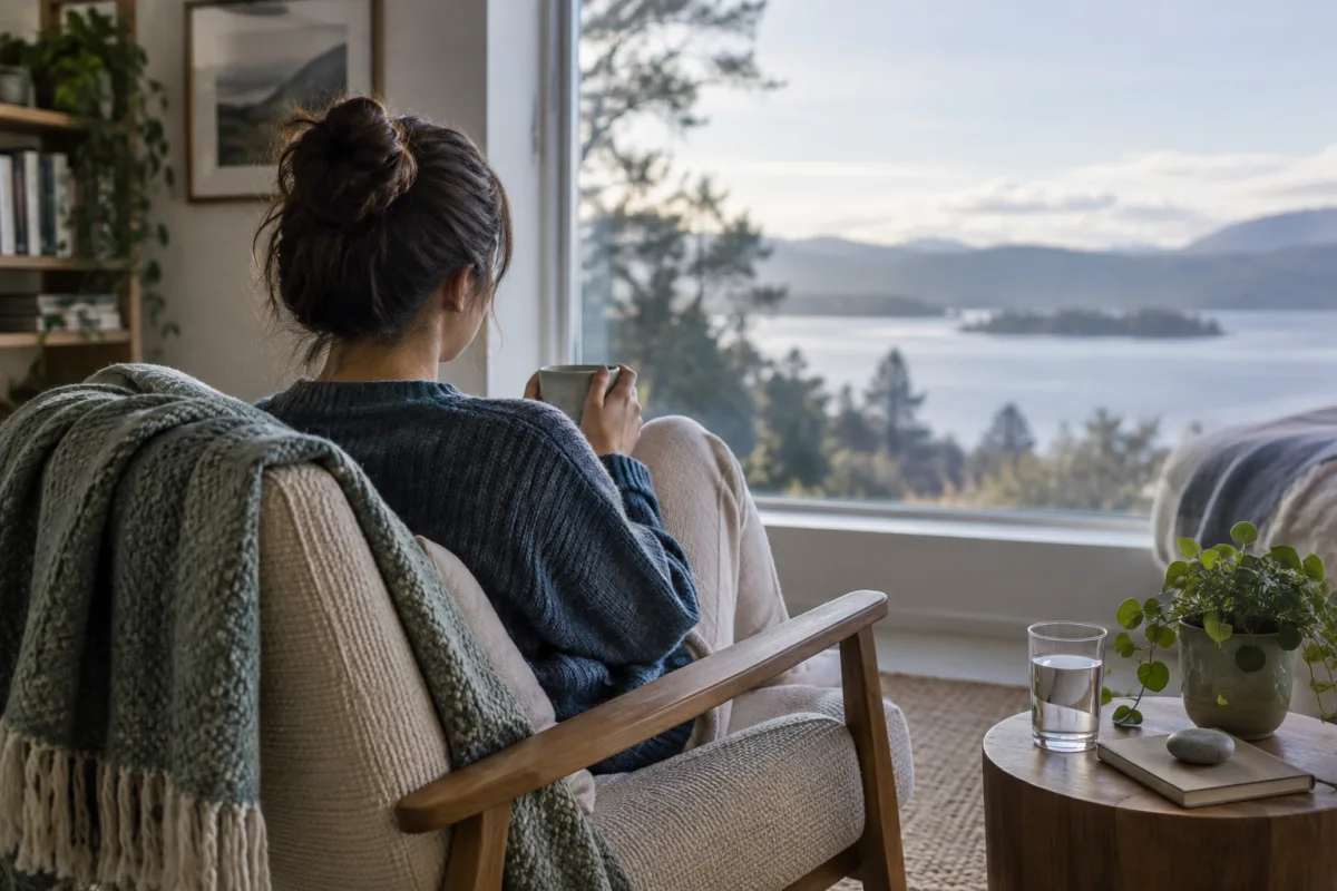 An adult seated by a wide window with a blanket, water glass, and small plant in a quiet blue-grey room.
