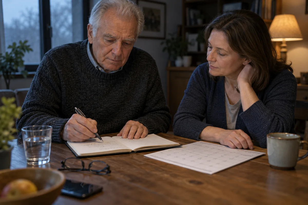Two adults preparing notes together at a table with a notebook, calendar, glasses and water.