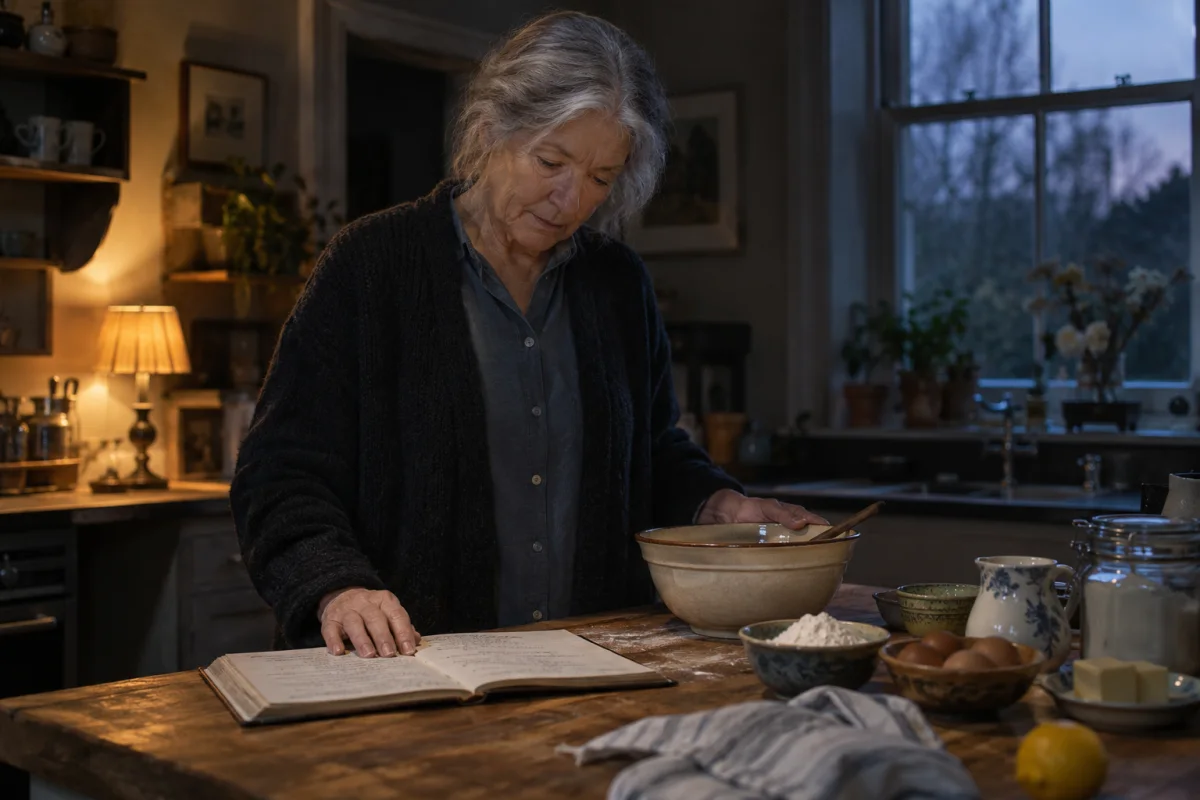 An adult at a kitchen counter with an open recipe notebook, a mixing bowl and measured ingredients.