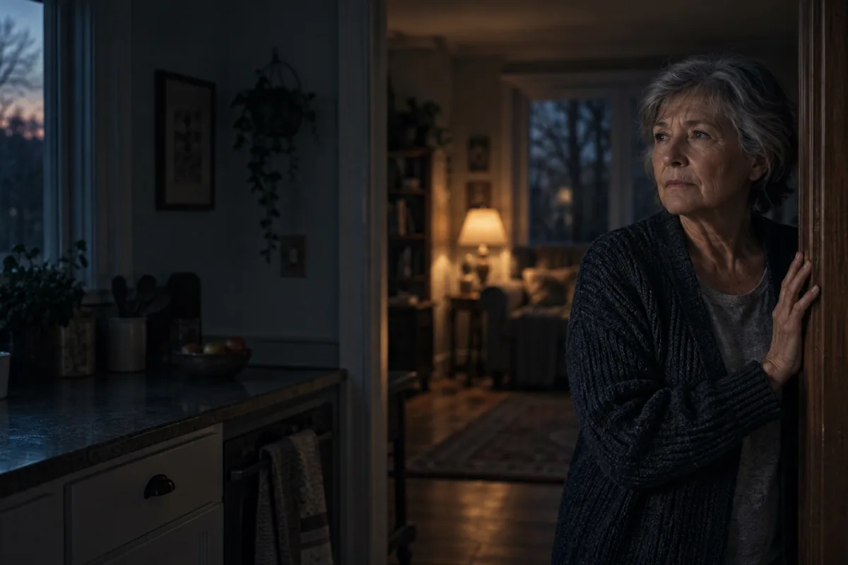 An adult with gray hair standing in a kitchen doorway beside a window and a lit lamp.
