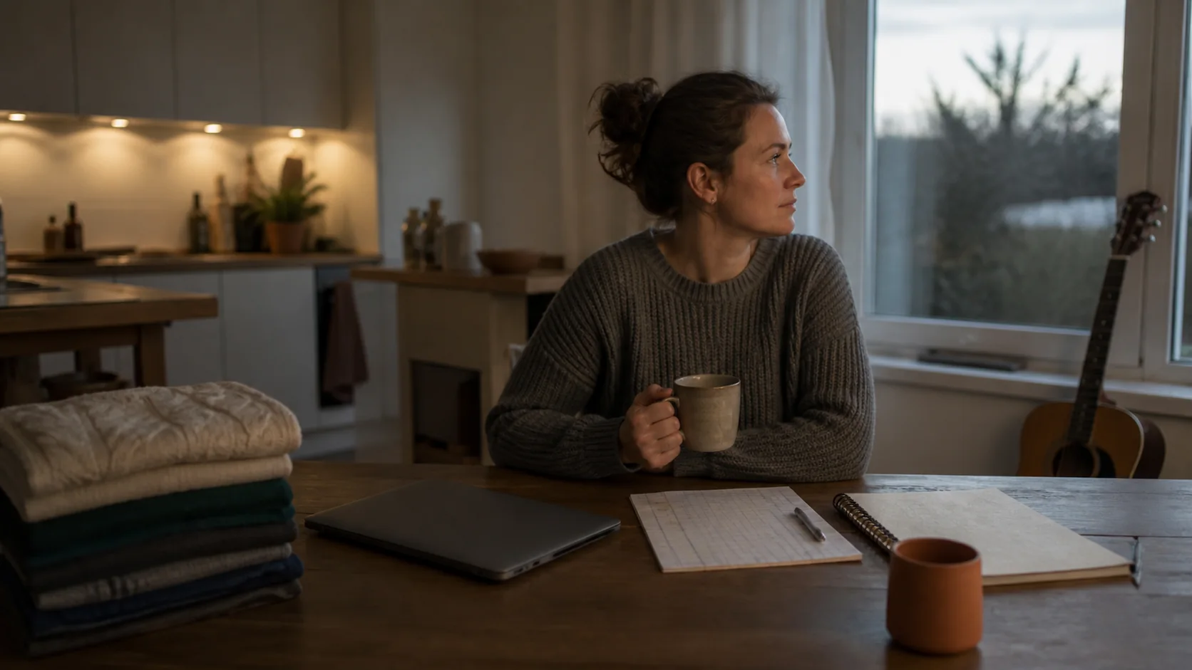 An adult at a kitchen table beside folded clothes, a closed laptop, notebooks, and a guitar.
