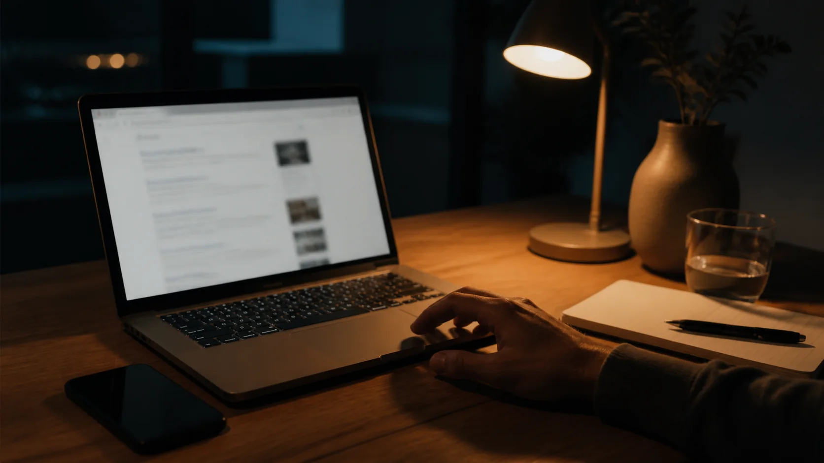 A hand resting on a laptop trackpad beside a phone, notebook, glass of water, and desk lamp at night.