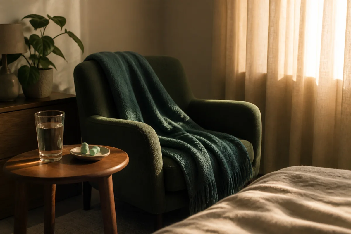 A quiet room with an armchair, folded throw, filtered sunlight, earplugs, and a glass of water on a side table.