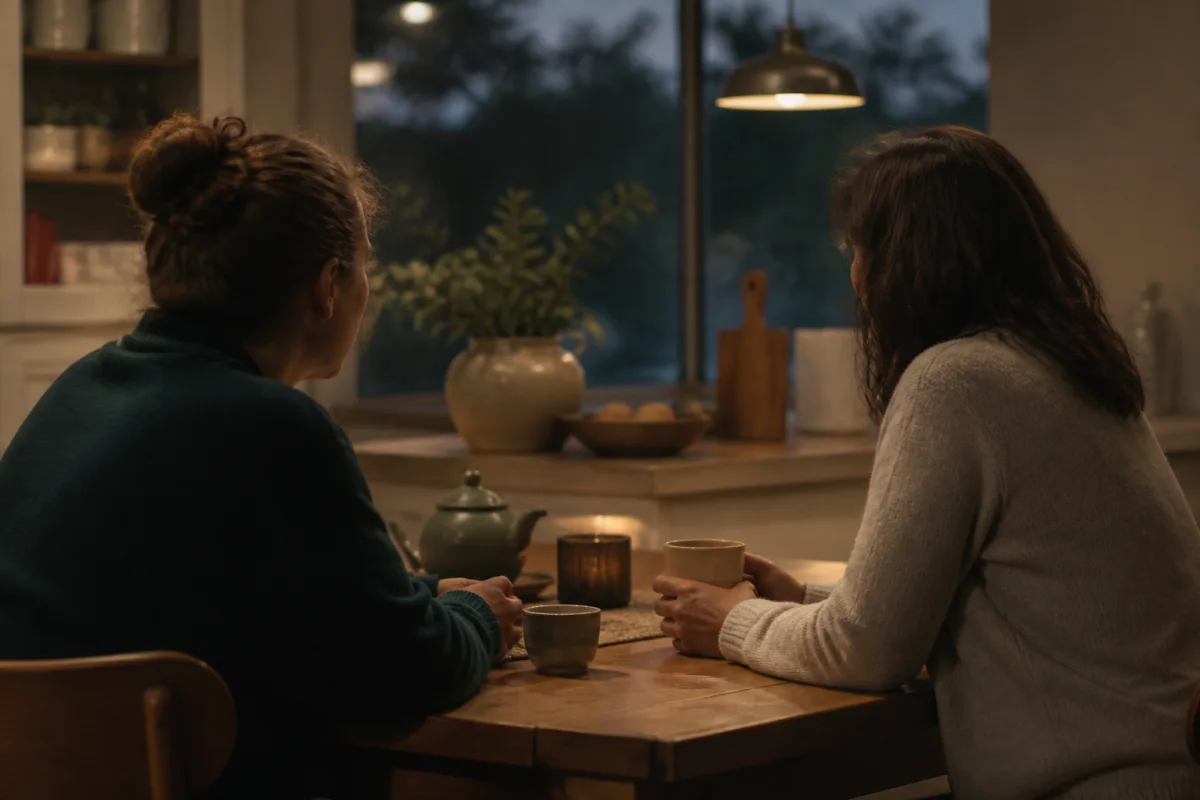 Two adults seated at a kitchen table in soft evening light, one listening while the other holds a mug.