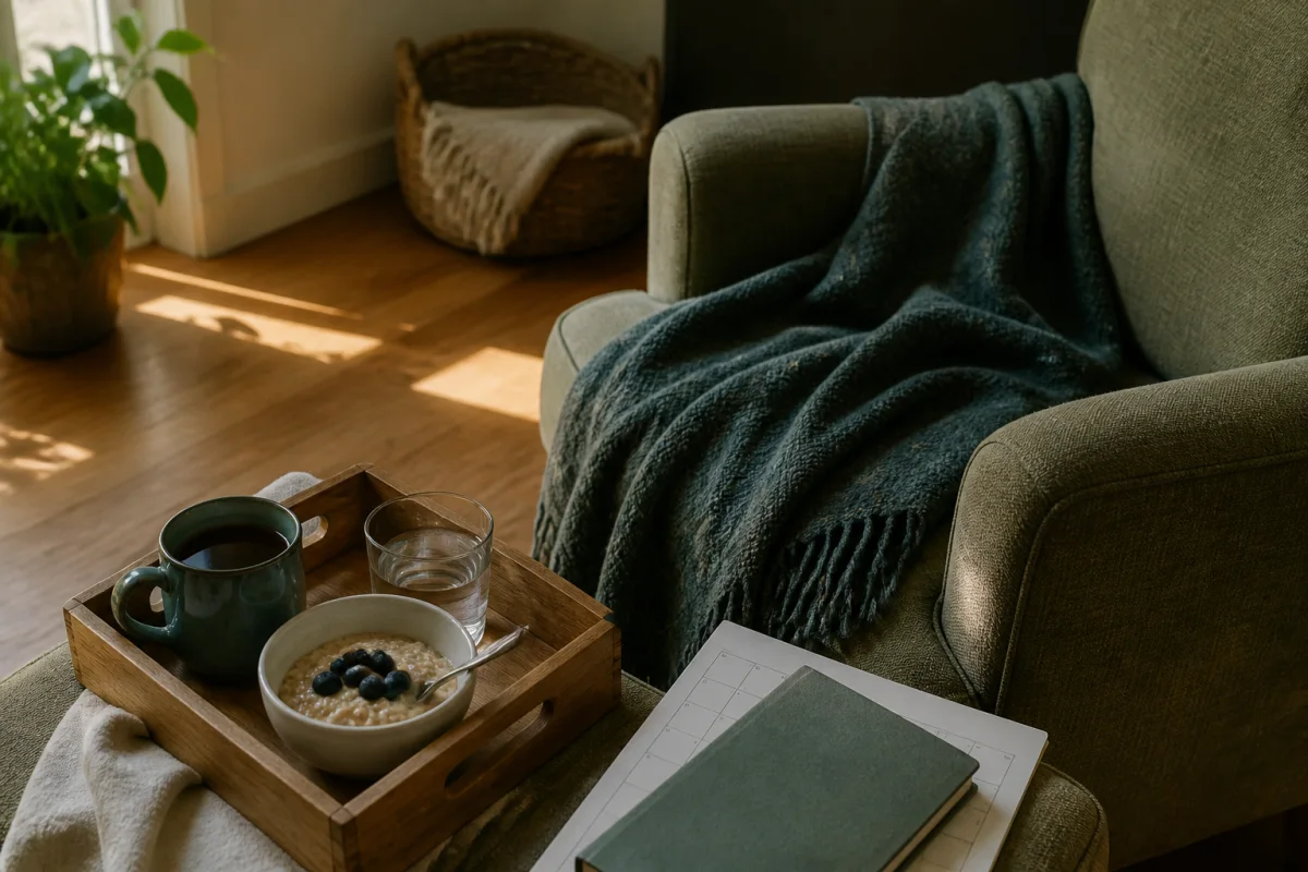 A simple breakfast tray, armchair with a blanket, blank calendar, and book in sunlight across a wooden floor.