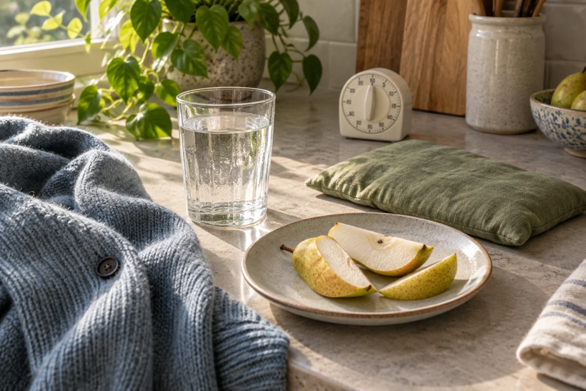 A water glass, sliced pear, folded blue cardigan, soft wheat bag, and kitchen timer on a sunlit counter.