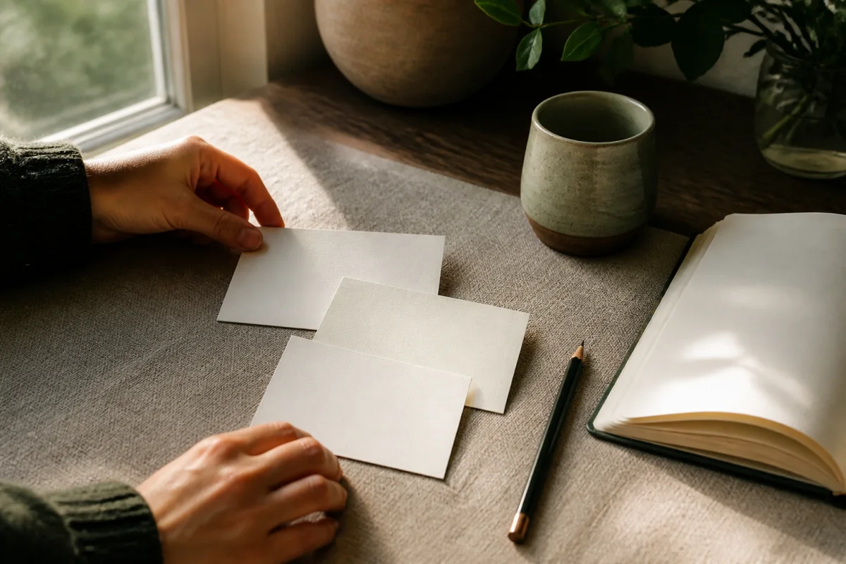 Hands arranging three blank cards on a linen desk mat beside a notebook, pencil, and ceramic cup in morning light.