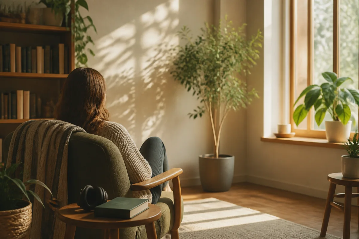 An adult seated in a sunlit reading corner with headphones and a book on a small table nearby.